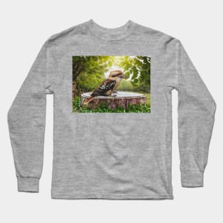 Laughing Blue-Winged Kookaburra Bird Sitting on Tree Stump Long Sleeve T-Shirt